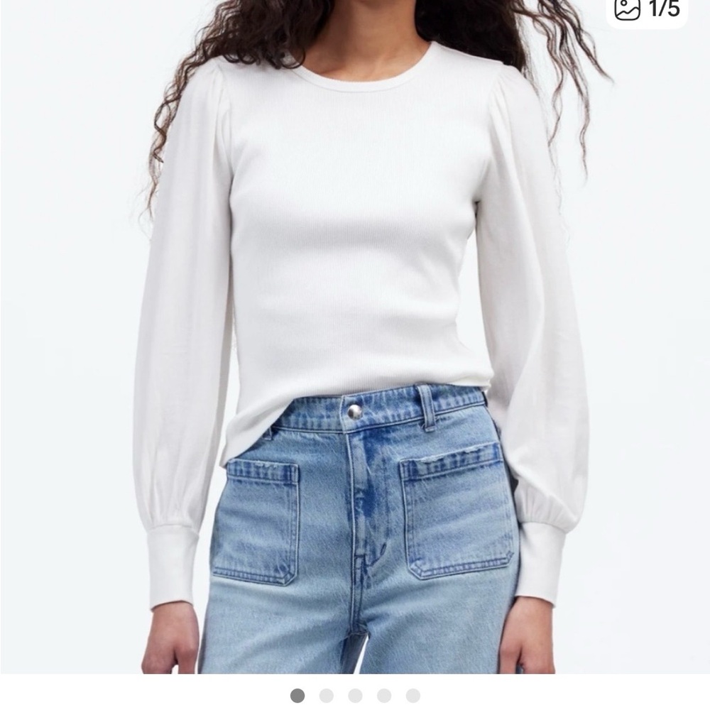 Madewell White Puff-Sleeve Ribbed Long Sleeve Top
